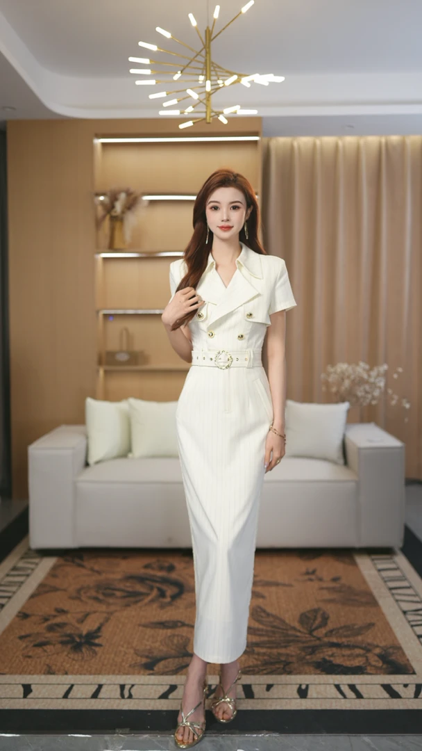 罗曼定制 米白色西装翻领短袖收腰气质中长款连衣裙女夏季2025