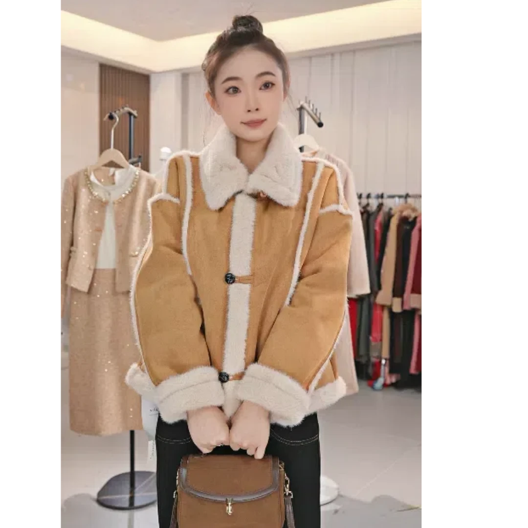 冬季新款设计感拼接加厚短款毛毛外套女时尚气质百搭上衣