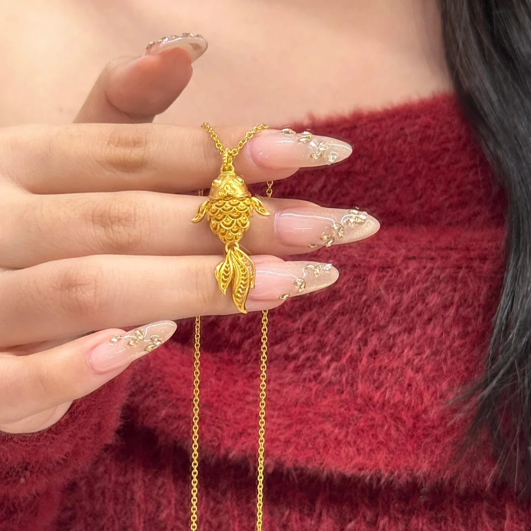 铜合金项链 新中式年年有余五帝钱锦鲤鱼项链小鱼吊坠饰品