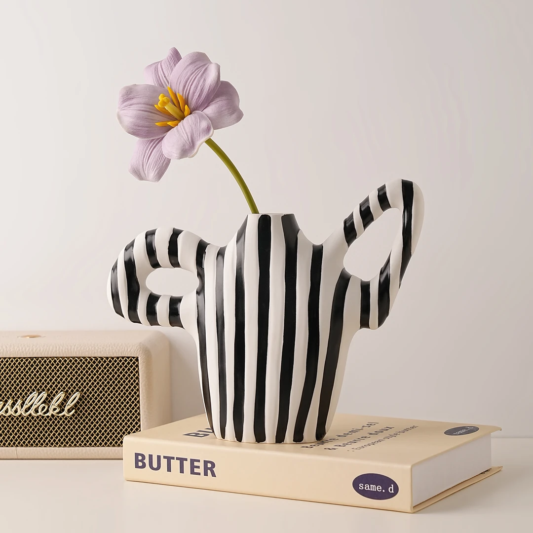 贝汉美景德镇条纹黑白艺术花瓶摆件高级感客厅插花陶瓷花器装饰品