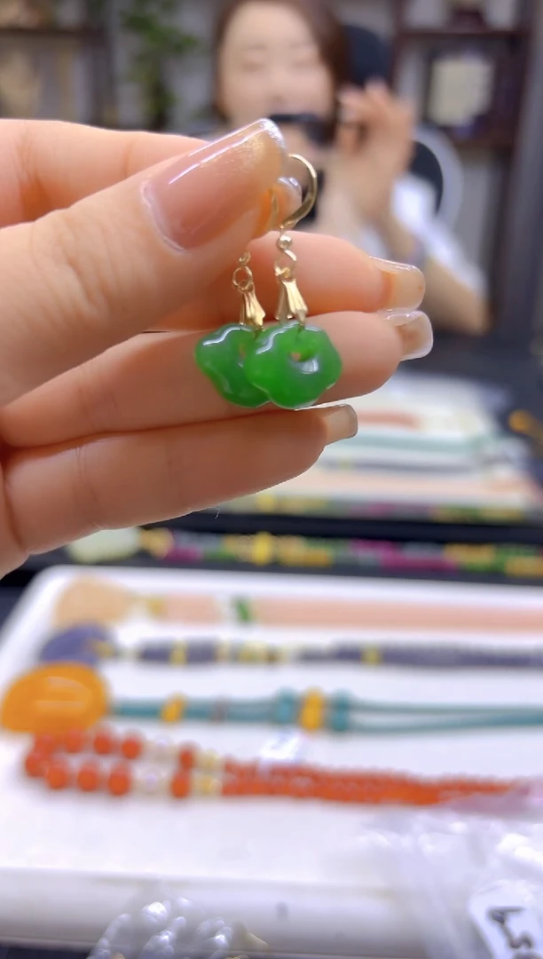 和田玉（碧玉）14K金镶嵌耳饰DIY款E859