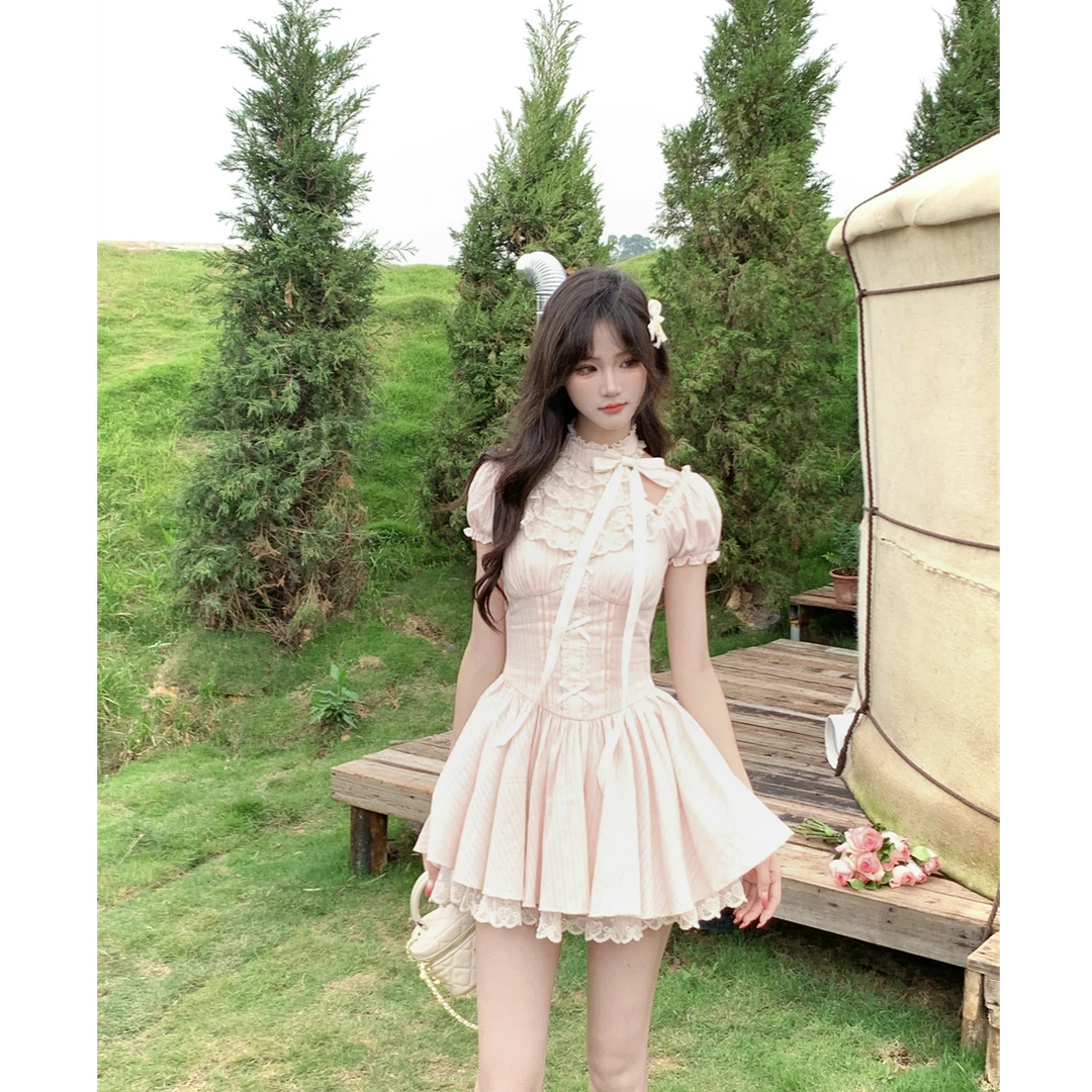 【小美】大码女装纯欲少女风挂脖粉色连衣裙甜美泡泡袖蓬蓬裙12305