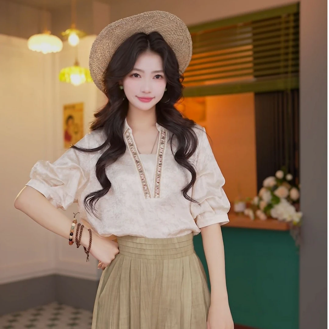 丁佳欣【杏仁】压褶晕染短袖衬衫女宽松休闲上衣DK0725397