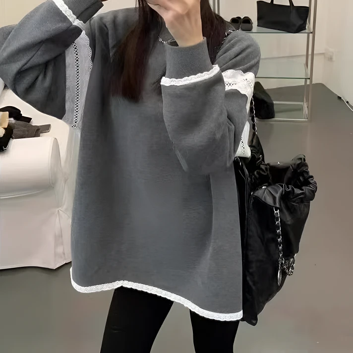 圆领中长款卫衣2024秋冬款加厚韩版时尚宽松拼接花边百搭上衣