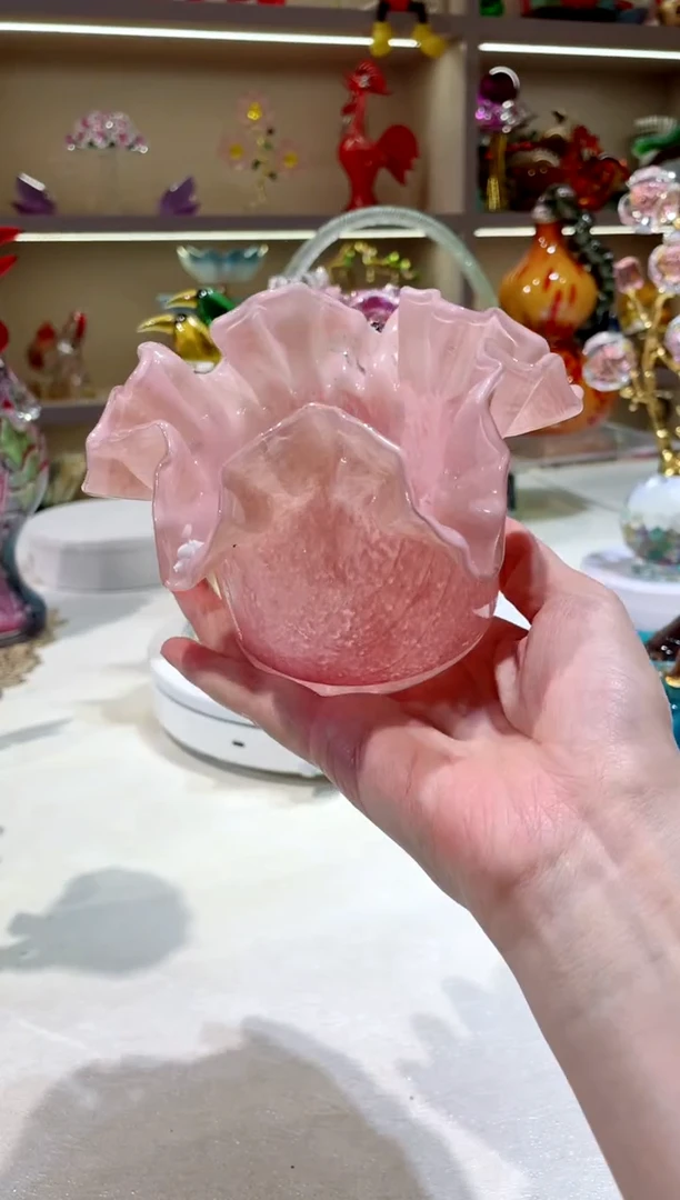 手工艺品琉璃粉色折纸花边收纳  微瑕