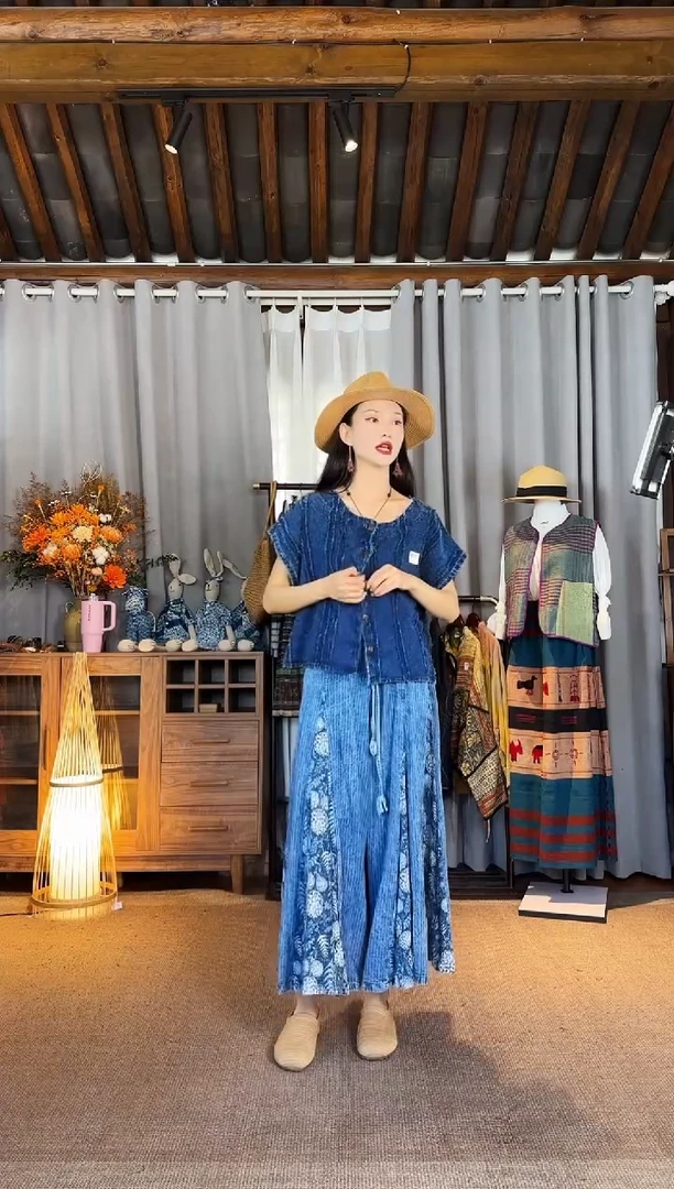 设计师款蓝花拼接裤裙