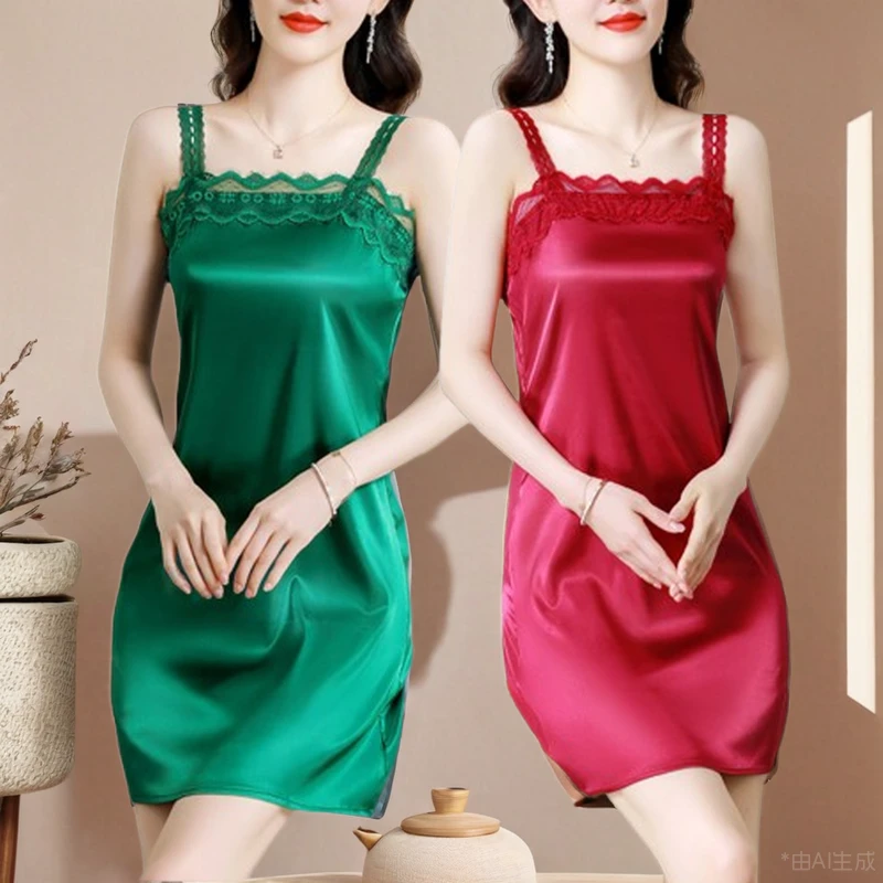 蕾丝性感v领吊带连衣裙女春夏醋酸缎面气质内搭中长款打底背心裙