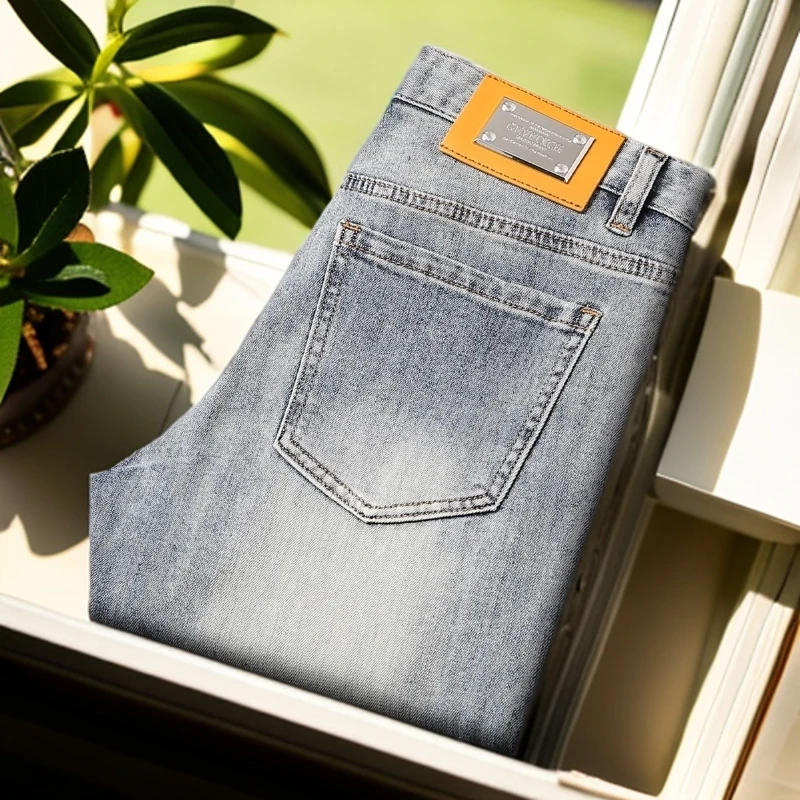 娜罗普西夏季牛仔裤男薄款浅色做旧弹力修身小直脚男长裤潮牌潮流