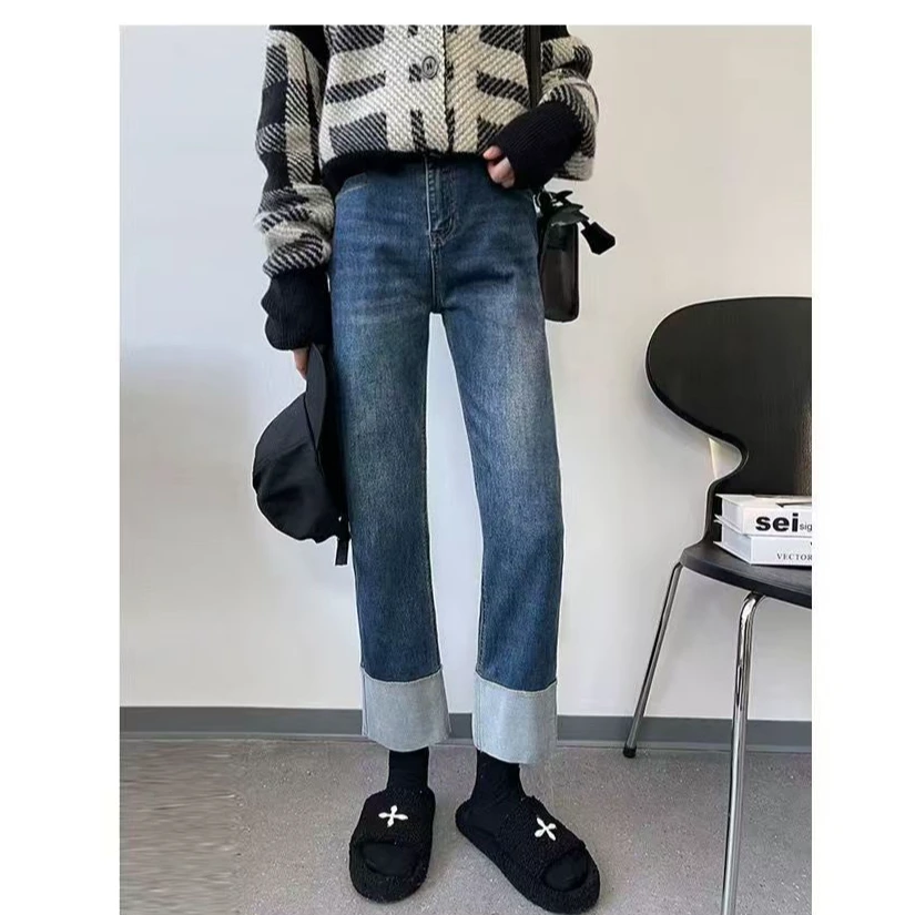 2025春秋季新款翻边卷边弹力牛仔裤高腰小个子修身显瘦烟管裤女