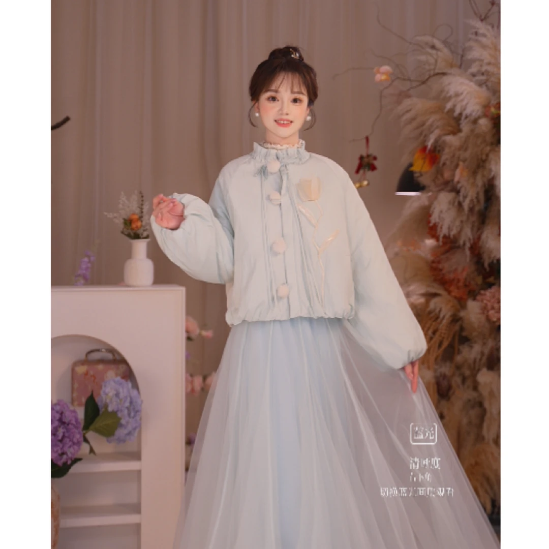 瑶西【天青郁香】冬季国风原创立体毛球郁金香外套加绒半身纱裙套装