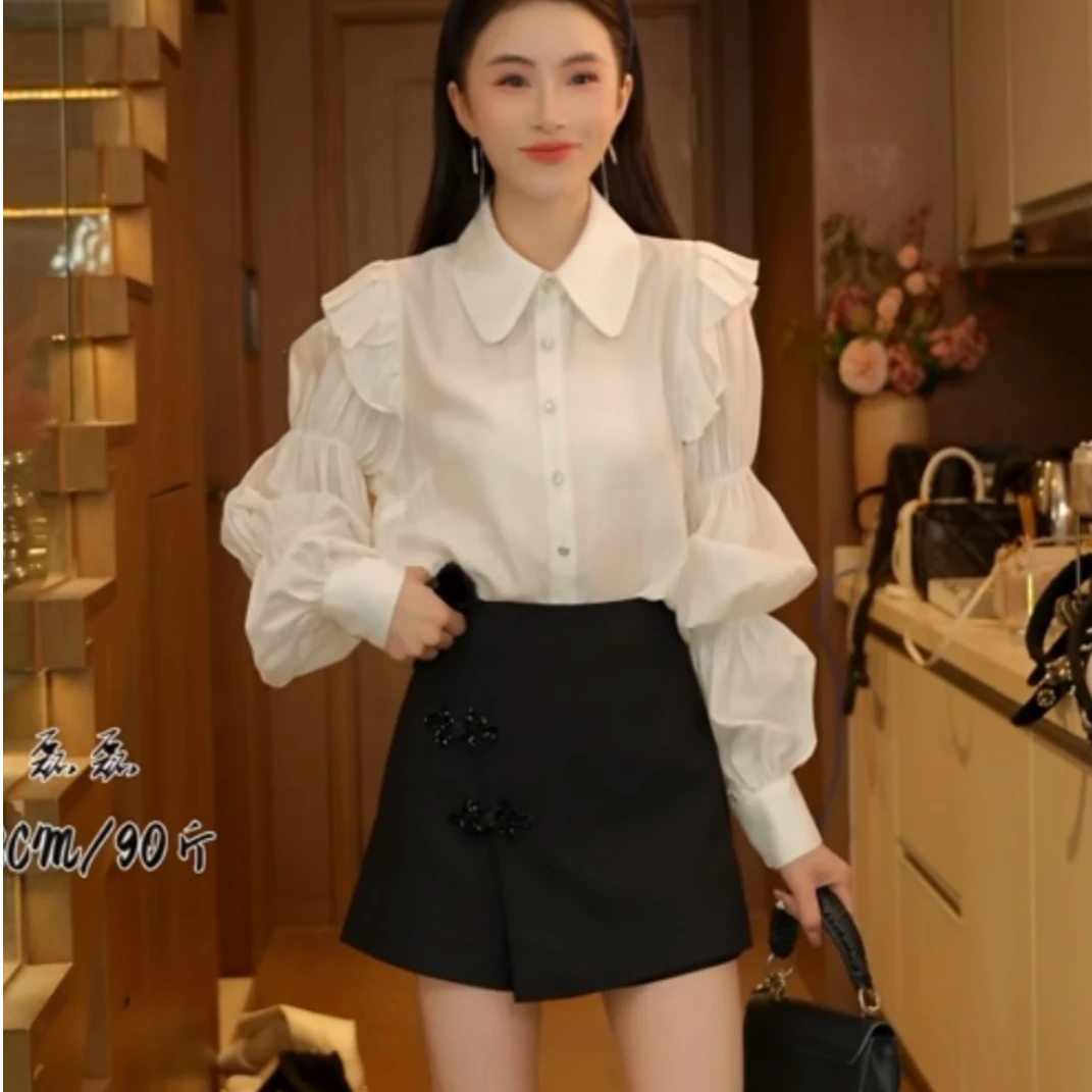 【磊磊】新中式钉珠盘扣高腰不规则裙裤8869