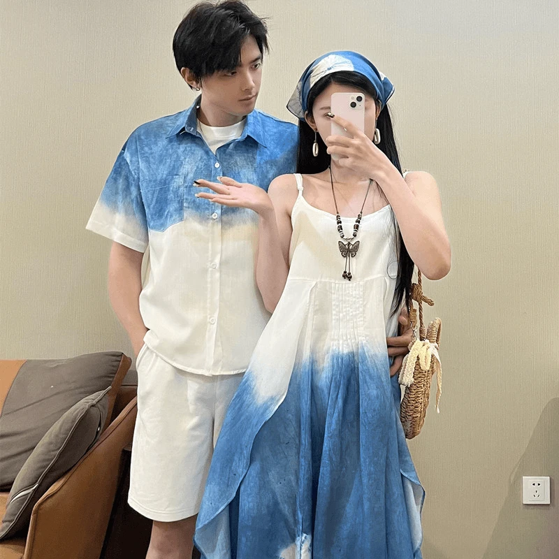 度假风情侣装一裙一衣夏季2025新款法式扎染连衣裙显瘦男短袖衬衫