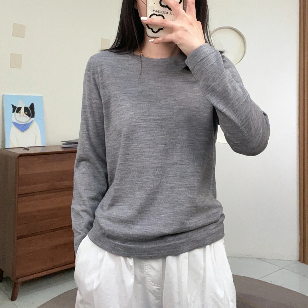 【扬子纱】精纺100%纯羊毛衫女圆领薄款套头毛衣纯色针织打底衫宽松