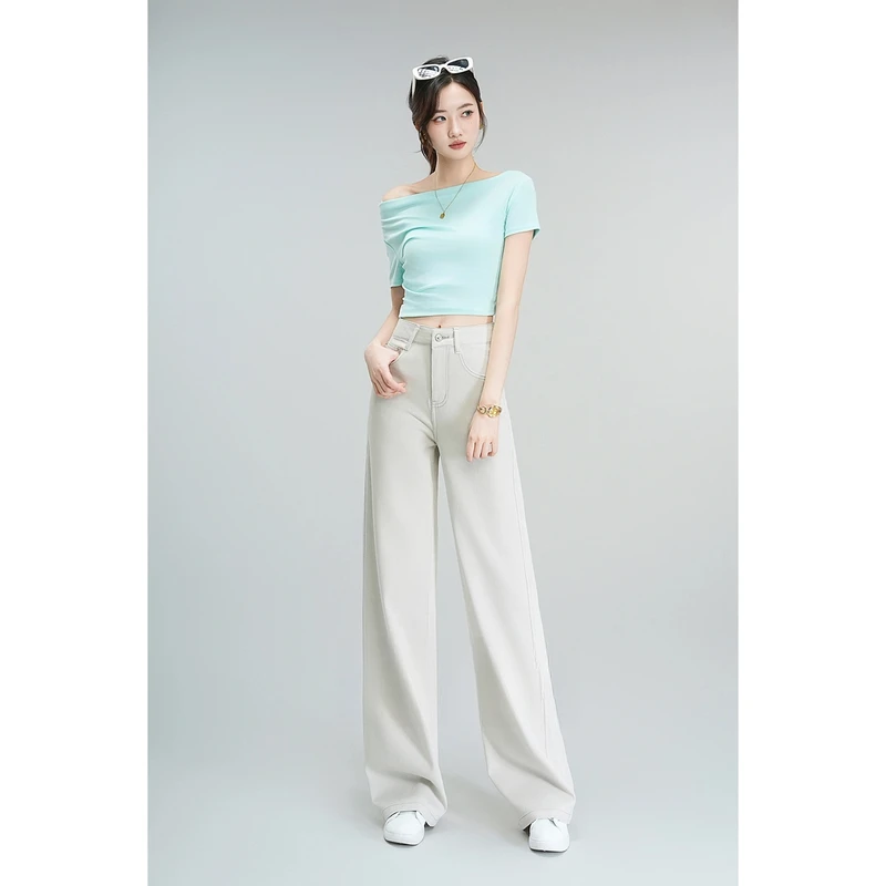 天丝亚麻直筒牛仔阔腿裤白色女2025春季宽松垂感显瘦休闲裤