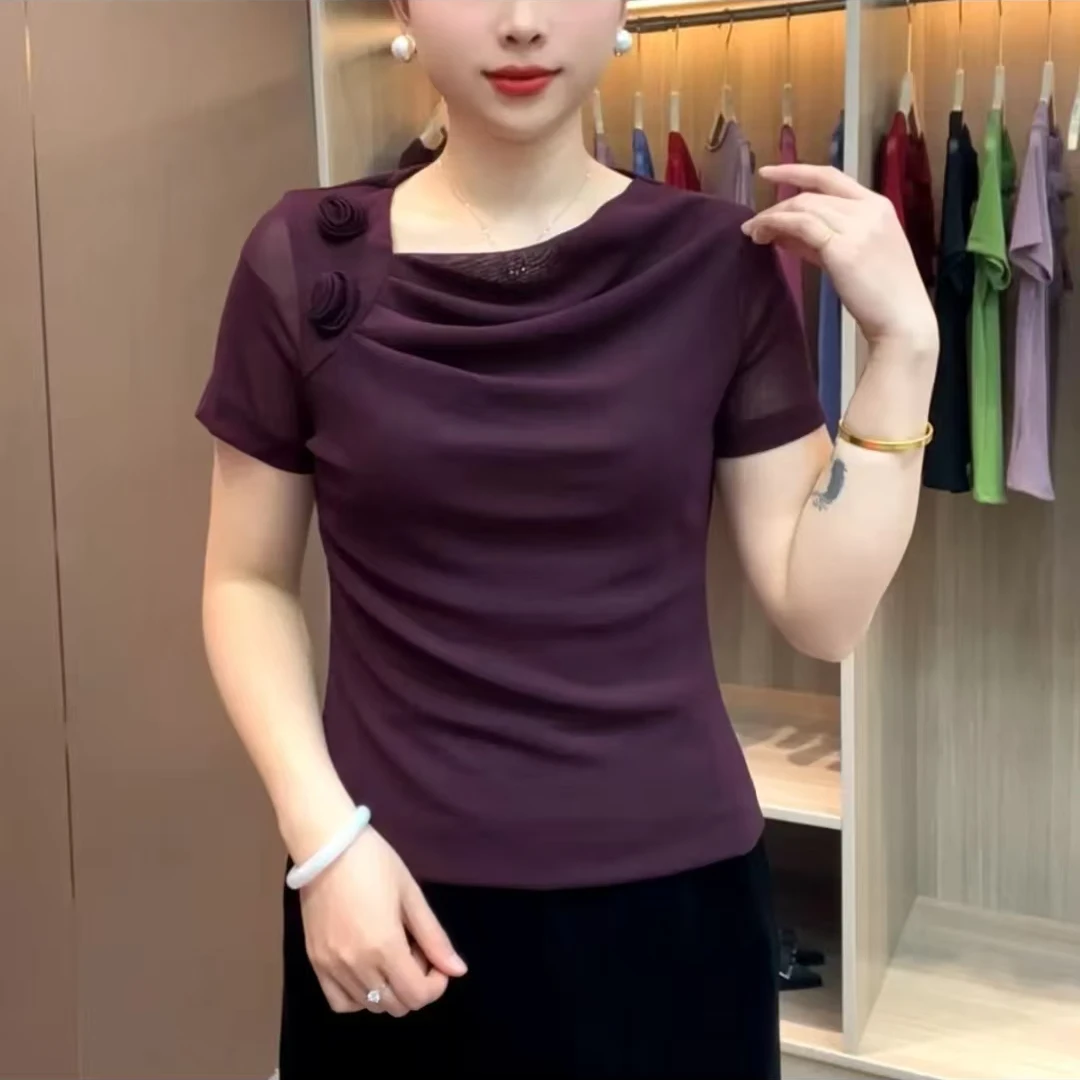 夏季新款时尚短袖花朵堆堆领显瘦百搭气质纯色女高弹力网纱小衫