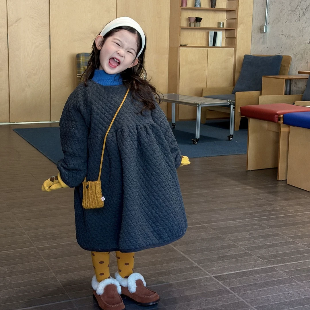 2025冬季新款童装 韩版童装 女童加厚棉裙 中长款圆领裙子 公主裙