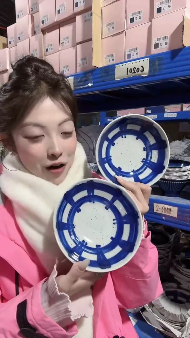 陶瓷蓝格纹17cm深盘两个