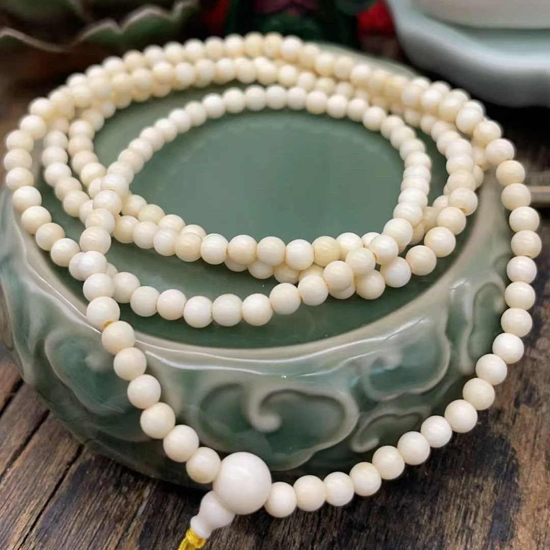 80850精品猛犸象牙3MM原色高奢文玩长链多圈手串脖挂