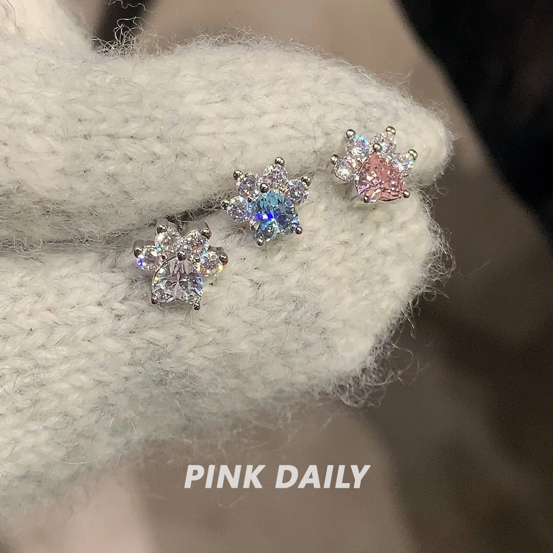 钛钢耳饰 Pink Daily可爱猫爪迷你锆石耳骨钉睡觉免摘耳蜗钉百搭