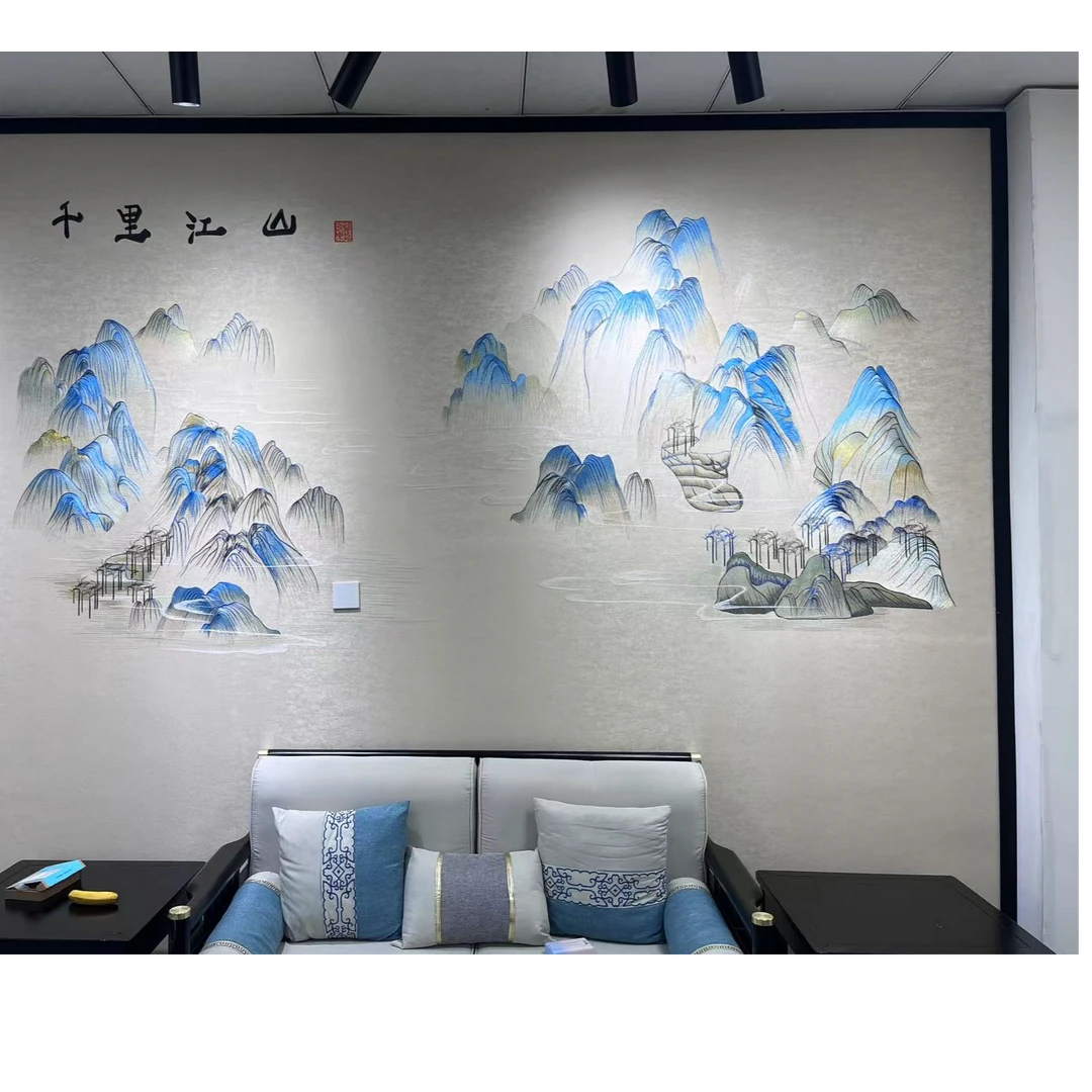 现代中式风格刺绣墙布千里江山11珠光彩金升级款背景墙尺寸可定制