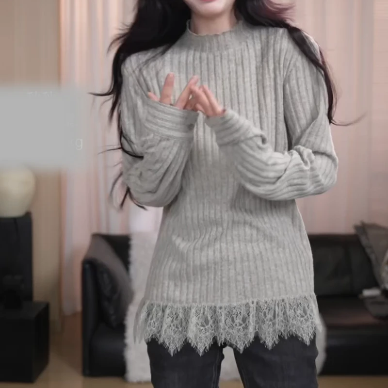 【太妃糖T恤打底】冬季温柔气质拼接蕾丝休闲宽松T恤LK2508436