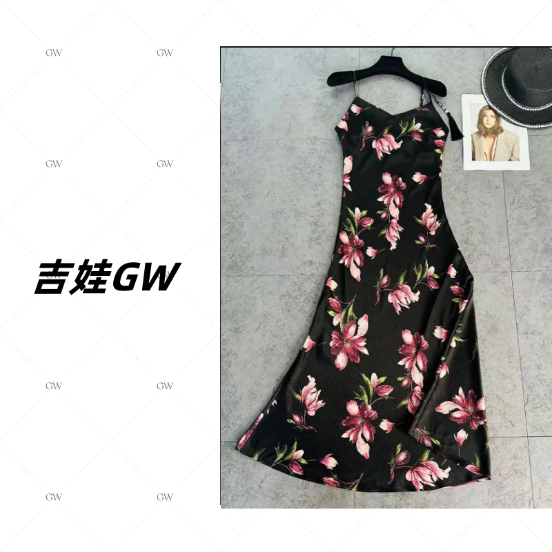 GW新款【远山黛】优雅温柔印花吊带连衣裙A6688