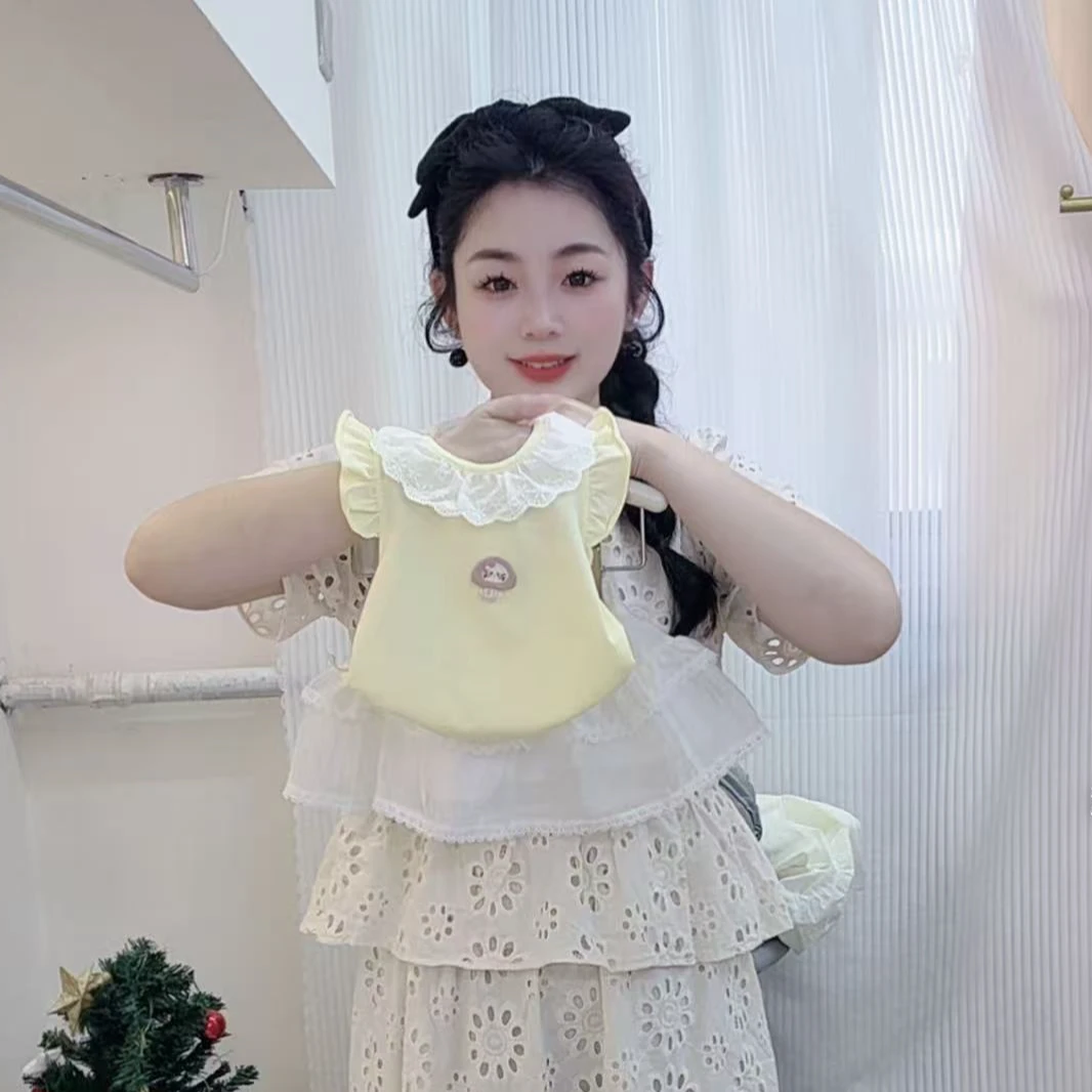 懒3）新款夏季女童花边领小蘑菇百搭洋气无袖背心蛋糕裙子套装