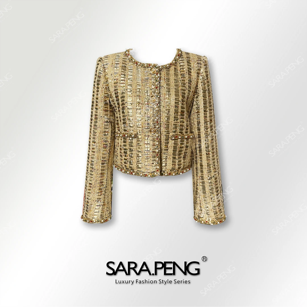 SARA.PENG香之奢/高端定制小香风面料重工手工钻亮片百搭修身外套