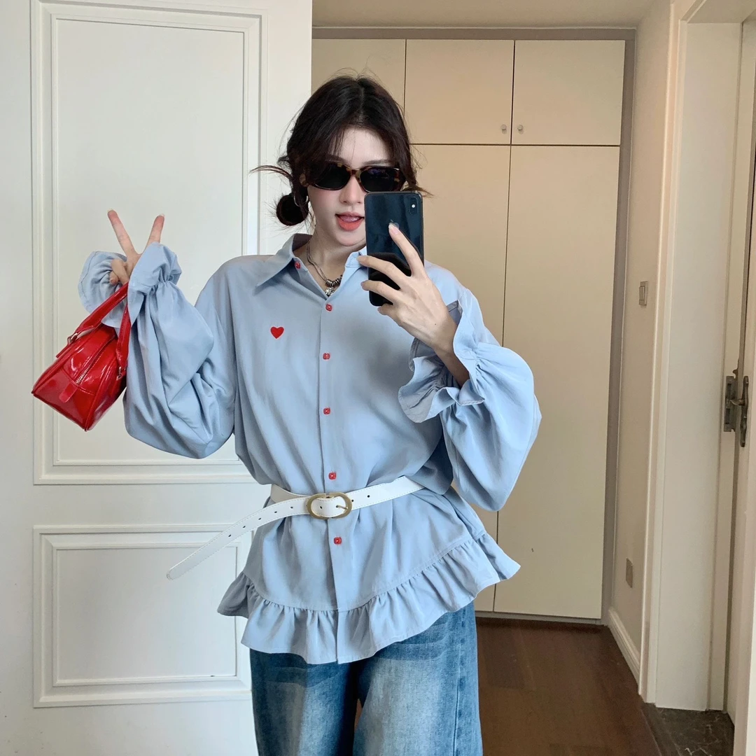 爱心刺绣衬衫2025女春秋季小众设计感花边拼接宽松长袖衬衣