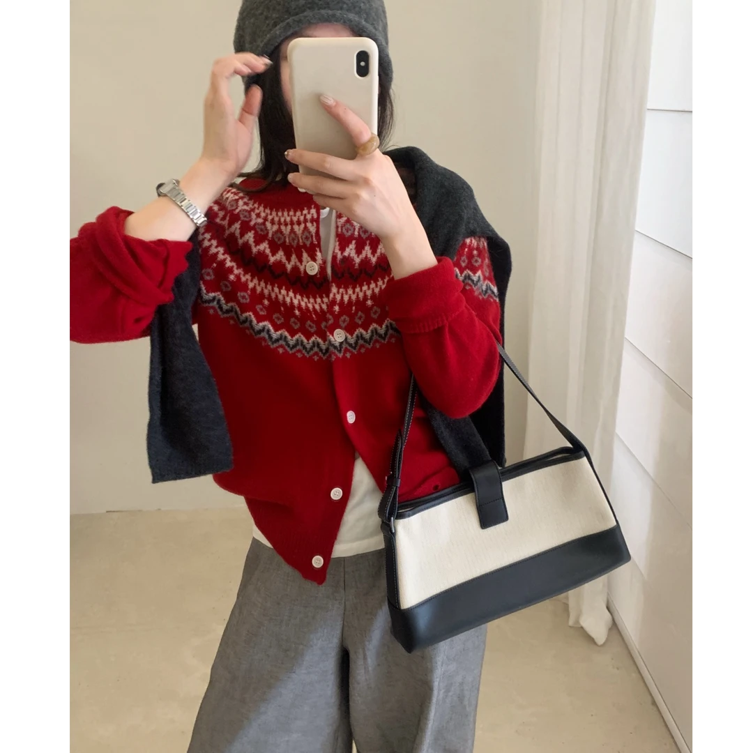 K2478 <浪漫储蓄> 红色费尔岛民族风针织开衫毛衣