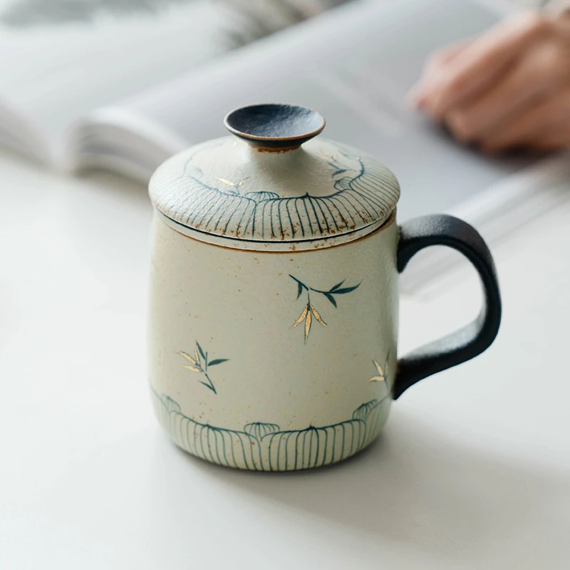 德白青花火石红陶瓷创意纯手绘竹影带盖泡茶杯喝水杯办公杯马克杯