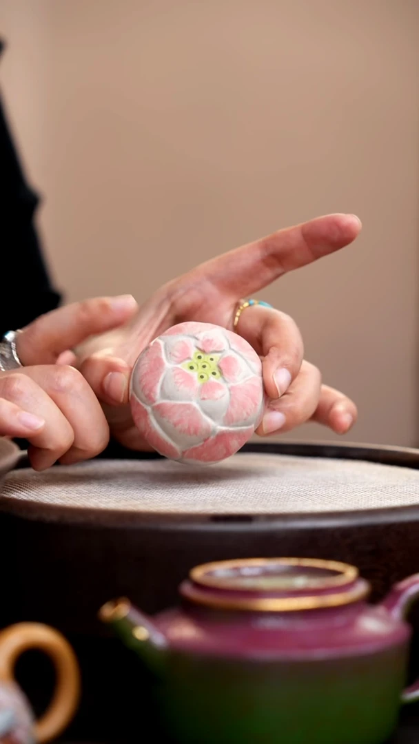 茶壶紫砂白玉段三色荷花杯