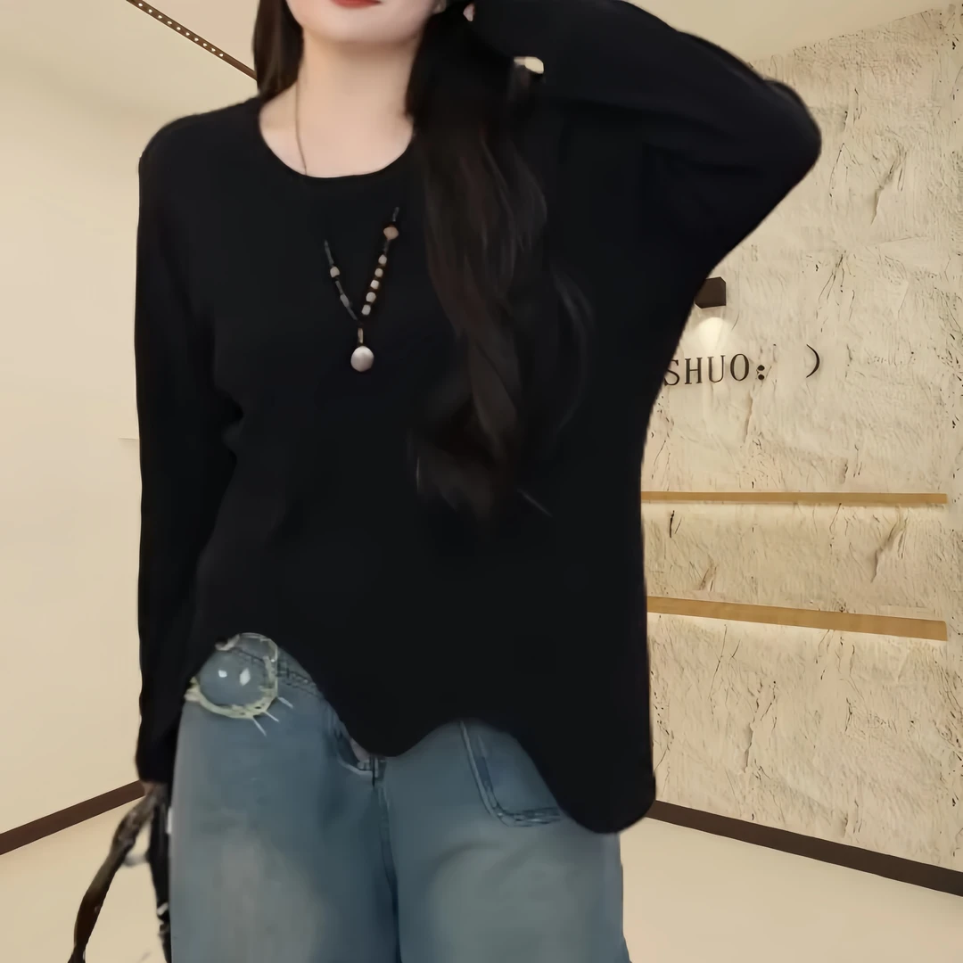 早春季上衣女圆领常规款纯色大码毛针织衫宽松型长袖女套头