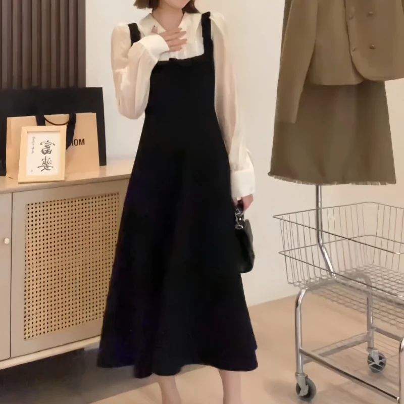 翻领连衣裙法式假两件洋气时尚遮肉肉减龄高腰显瘦气质百搭款长裙