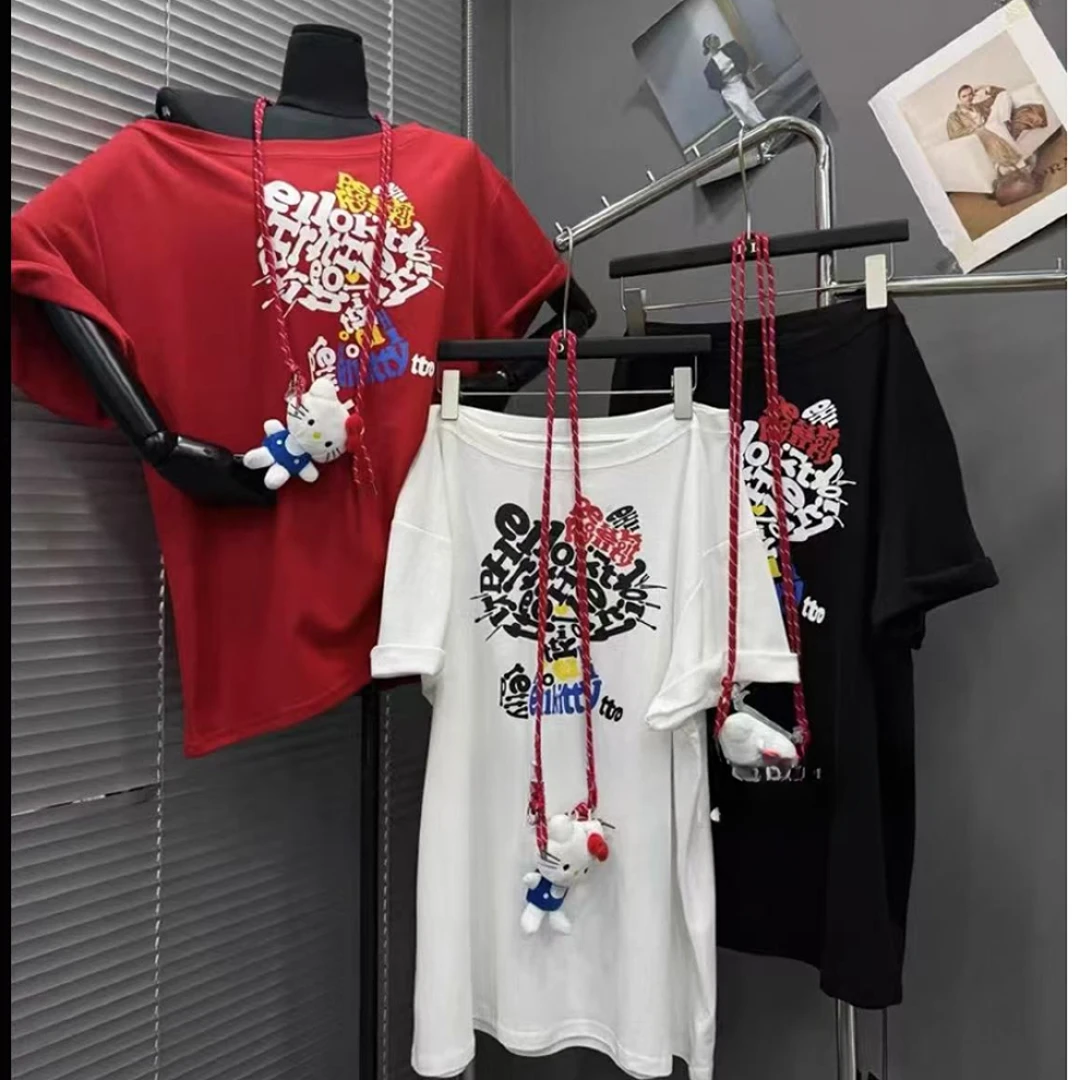 2025夏季新款美式复古Hello Kitty设计感露肩宽松短袖T恤带配饰