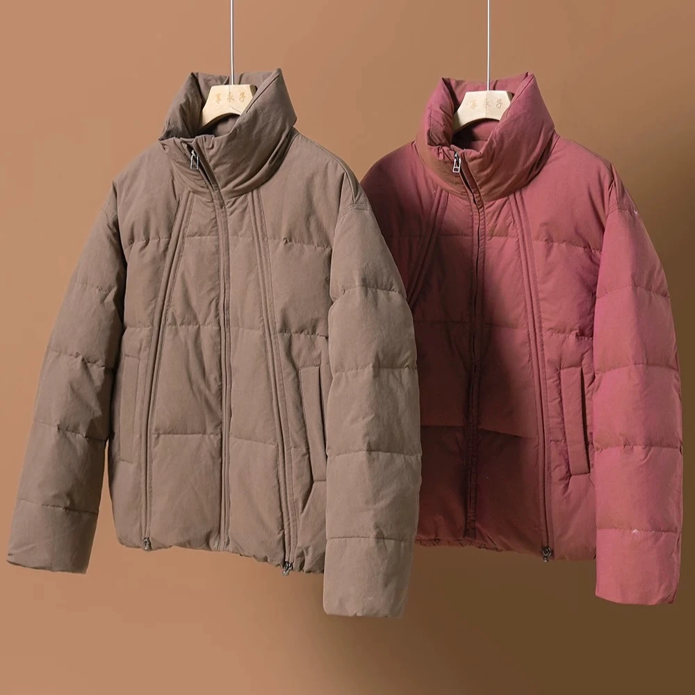 【冬宜雪】色织亚麻+双面府绸90白鸭绒羽绒服加厚保暖冬季外套