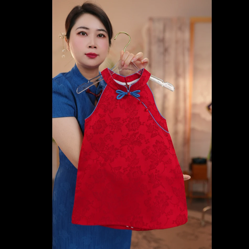 F红色旗袍#女童夏季汉元素中国风女童夏款古风中式旗袍裙