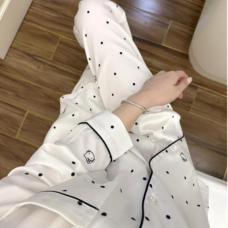 新款冰丝睡衣女款春秋季凯蒂猫波点高级感休闲宽松长袖家居服套装