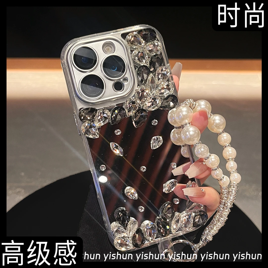 时尚轻奢ins黑色水钻补妆镜面苹果16ProMax手机壳镜面iPhone15pro