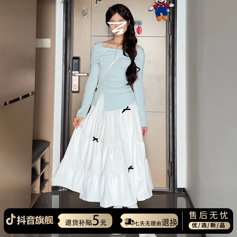 法式蓝色长袖连衣裙子女春装2025超火新款小个子香风气质长裙套装