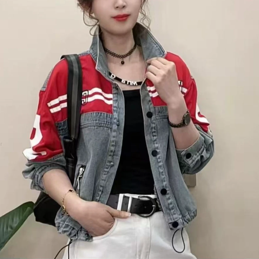 欧货时尚潮流复古拼接休闲大版牛仔外套春季字母印花宽松减龄女装