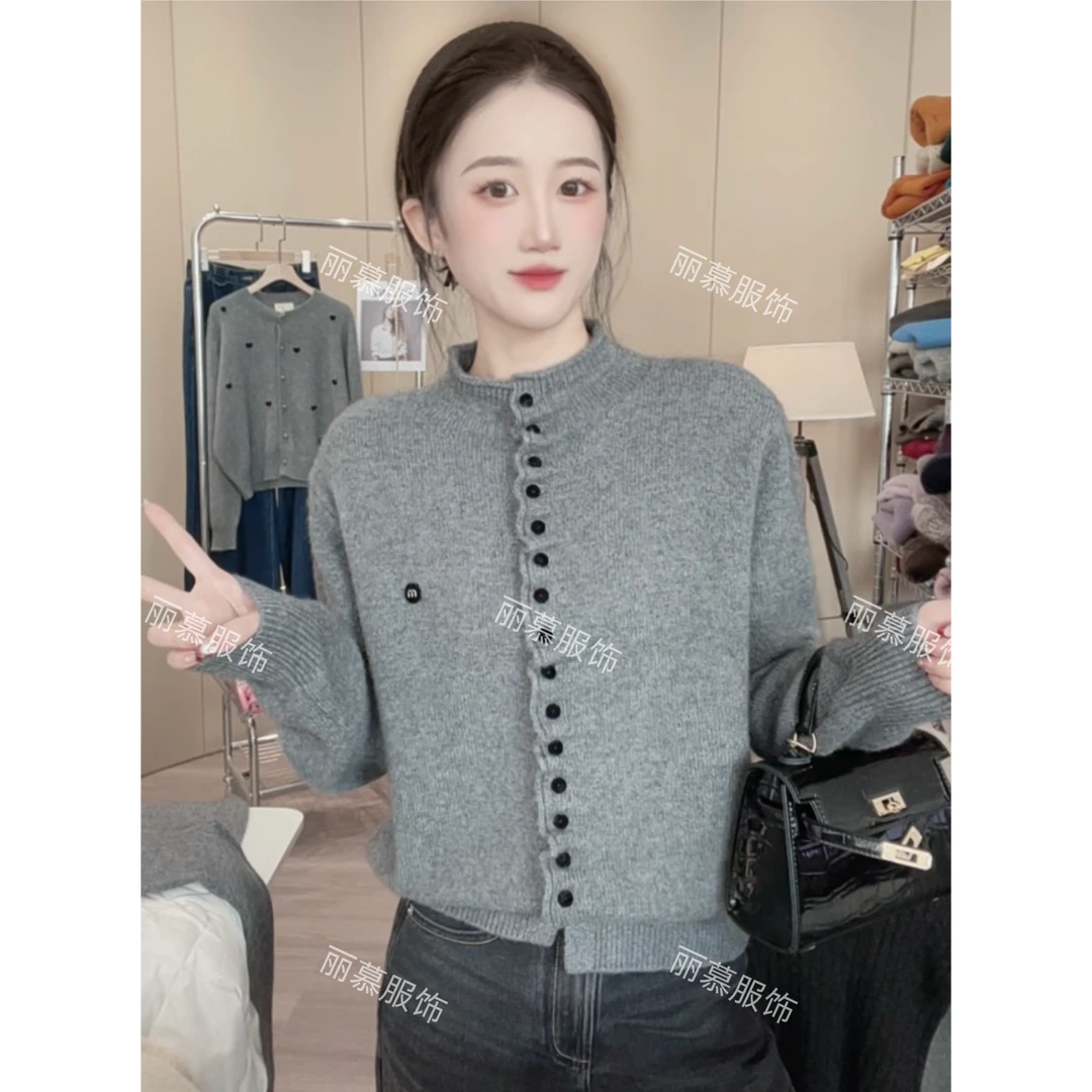 【捏褶千层花边】设计感小众高定捏褶门襟半高领秋冬针织开衫1086