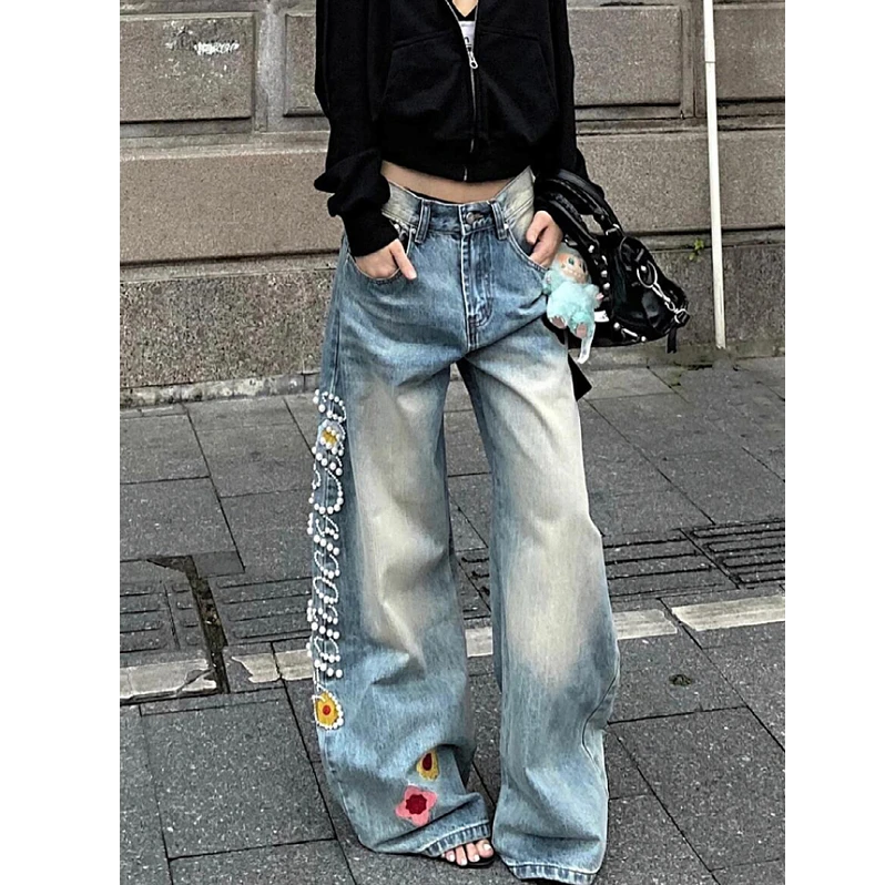 美式复古设计感珍珠刺绣牛仔裤高腰女新款街头宽松直筒阔腿长裤潮