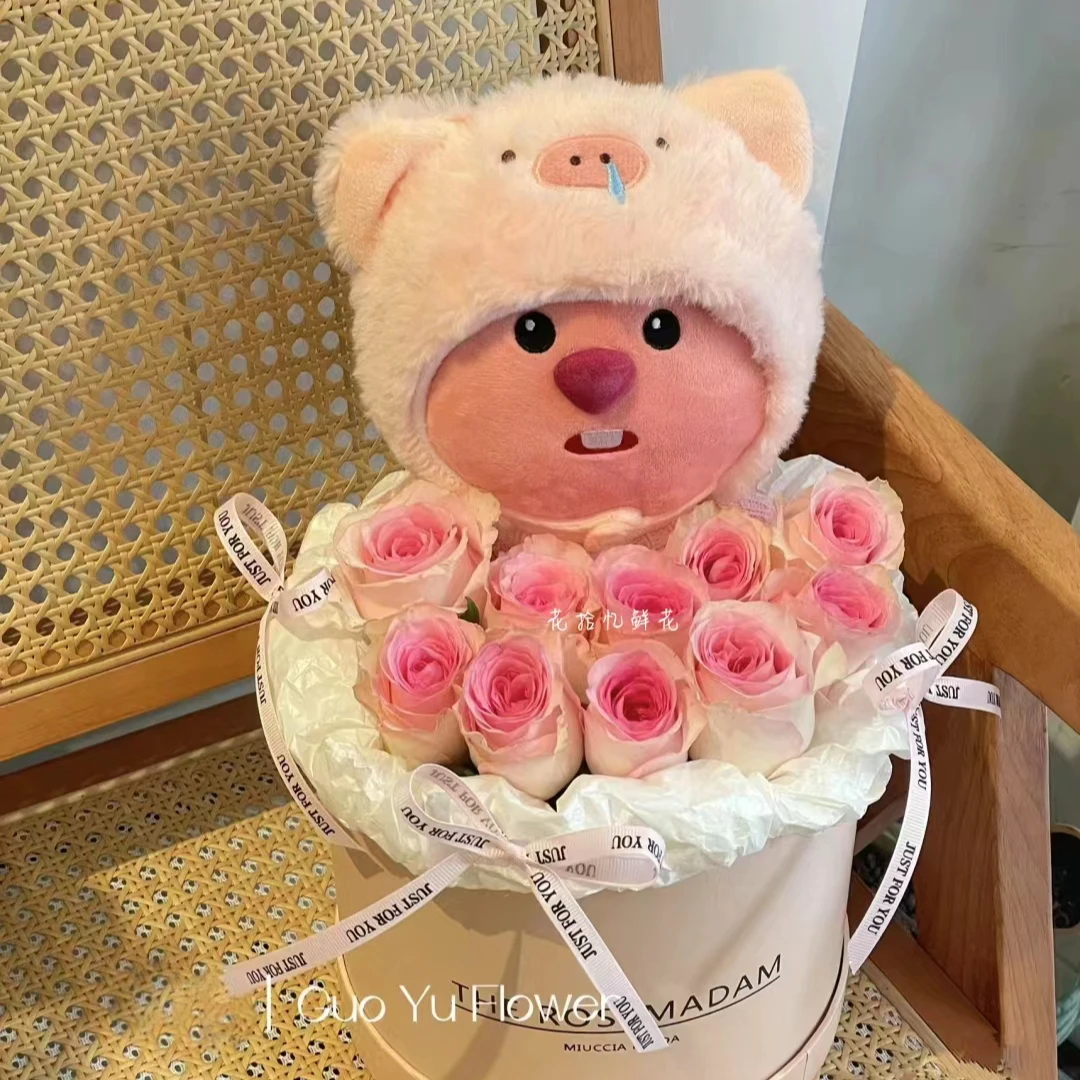 11朵粉玫瑰小海狸玩偶花束送女友送老婆情人节花束鲜花同城配送