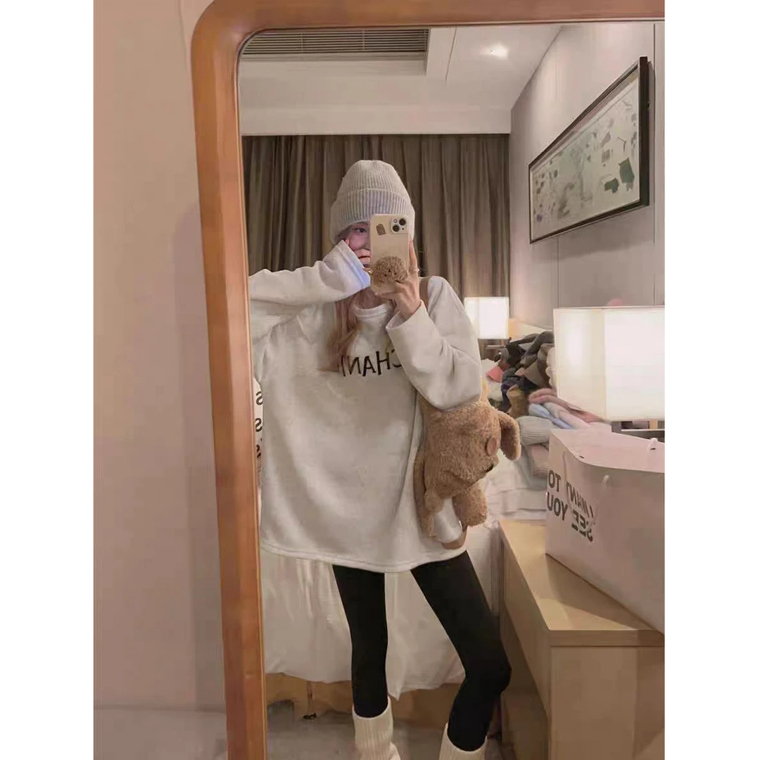 韩国双面绒加绒加厚打底T恤女冬韩系宽松圆领时髦内搭上衣