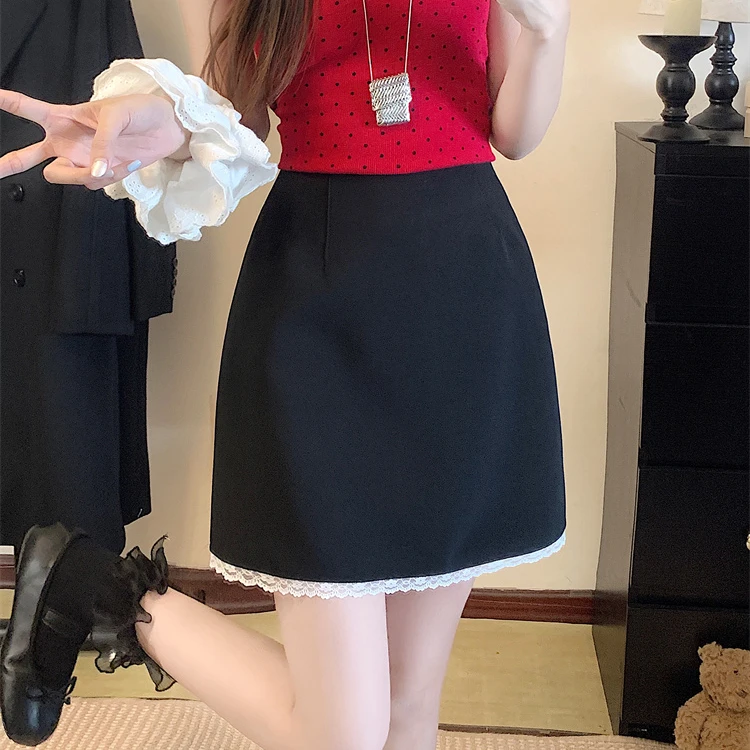 胖mm黑色西装半身裙女大码春夏花边拼接设计感显瘦A字裙高腰短裙