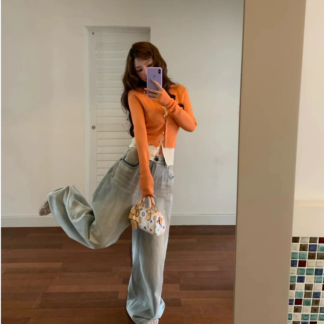 撞色假两件纽扣针织开衫上衣2025时尚套装气质显瘦宽松长裤阔腿裤