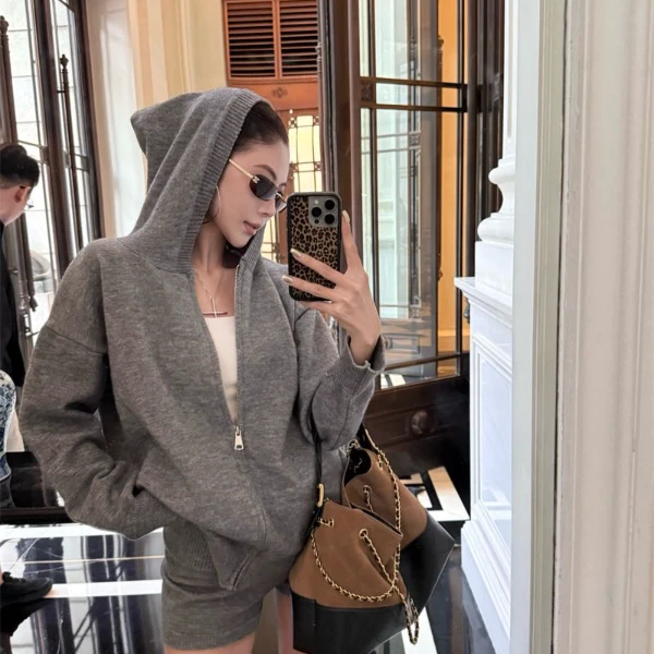 宽松针织连帽欧美风街头风帽衫休闲风时尚套装开衫网红百搭慵懒风