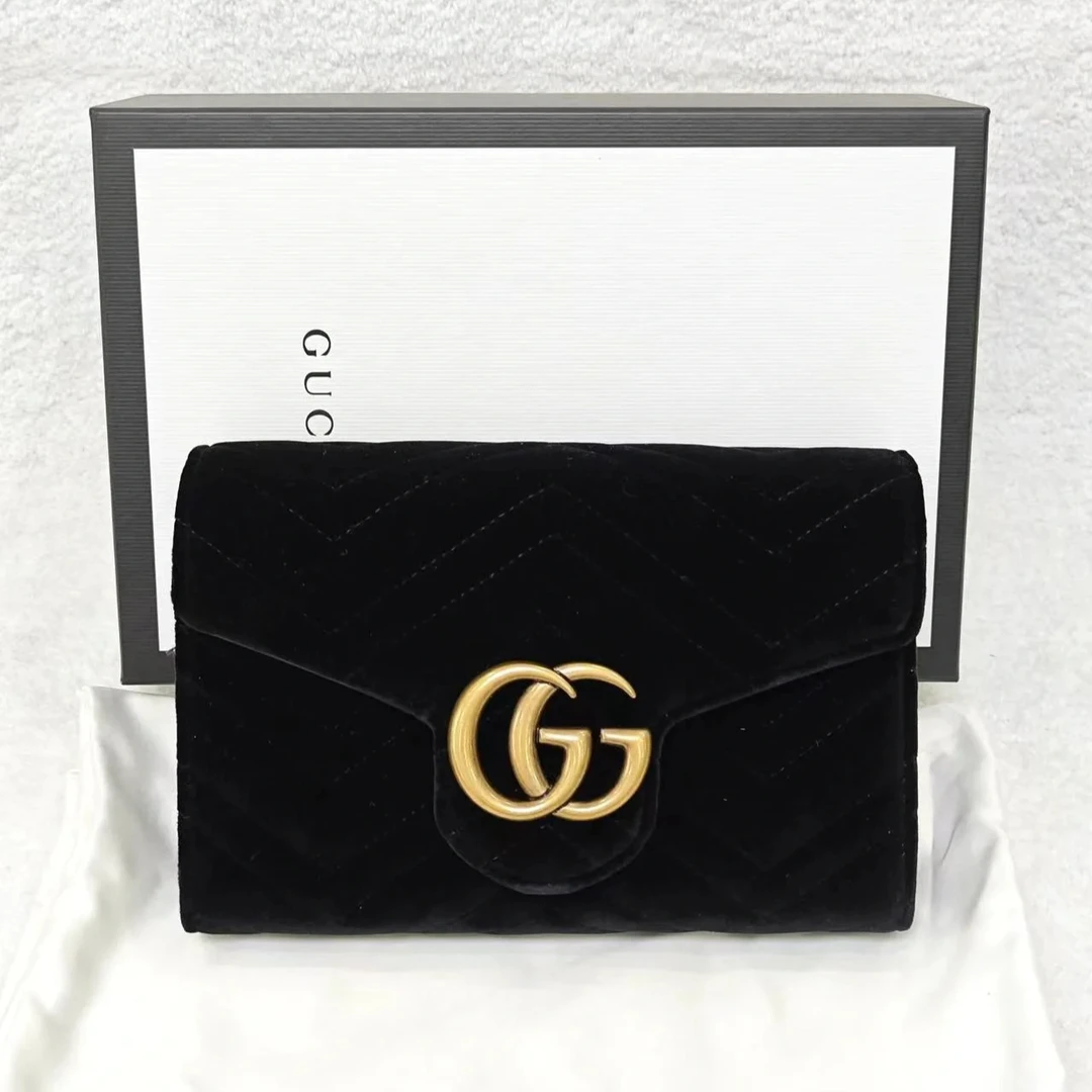 95新 GUCCI/古驰 马蒙GG黑金 丝绒 woc 链条包【白菜】BGH003700012