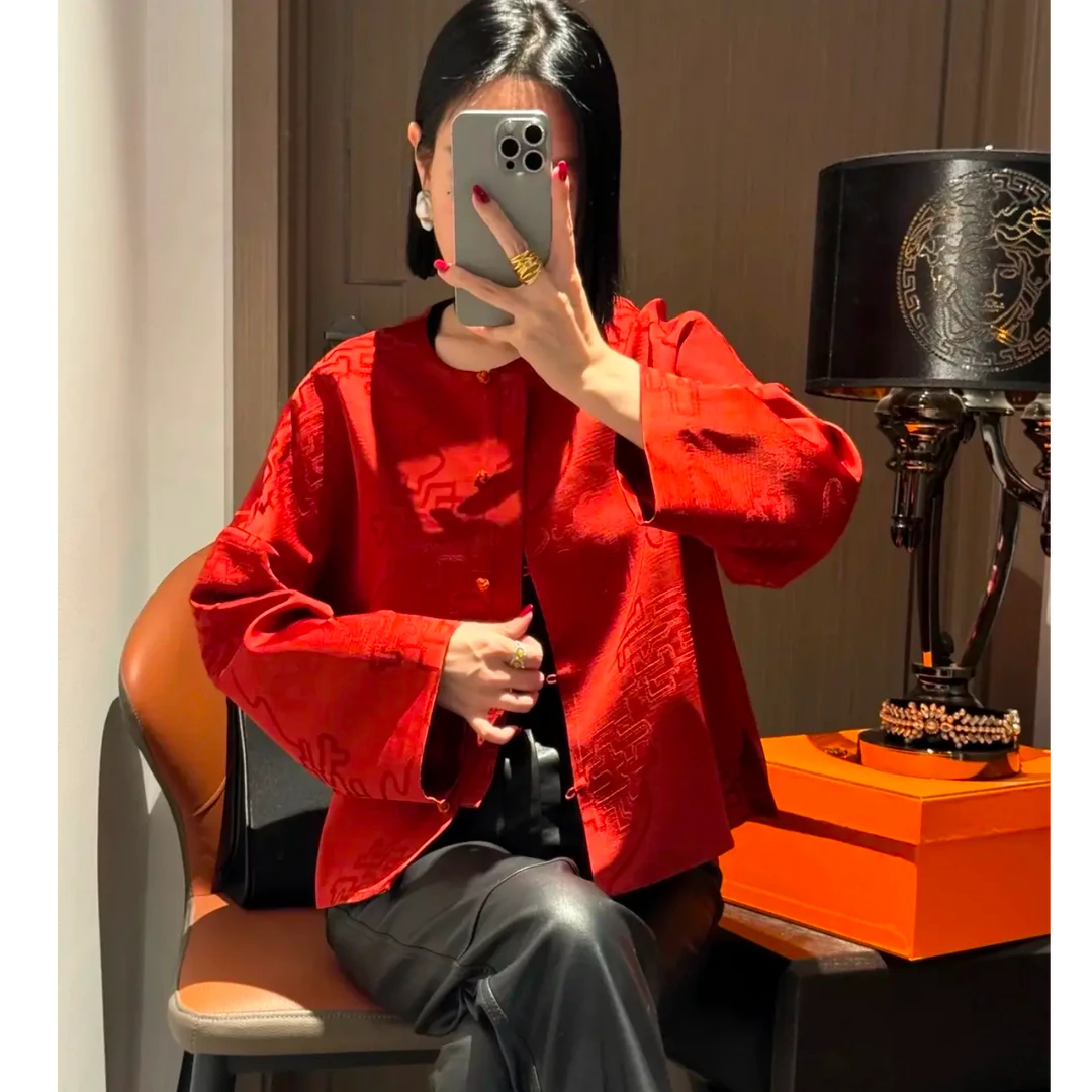 中国红~人丝国风提花短外套女2025秋冬洋气减龄复古开衫宽松上衣